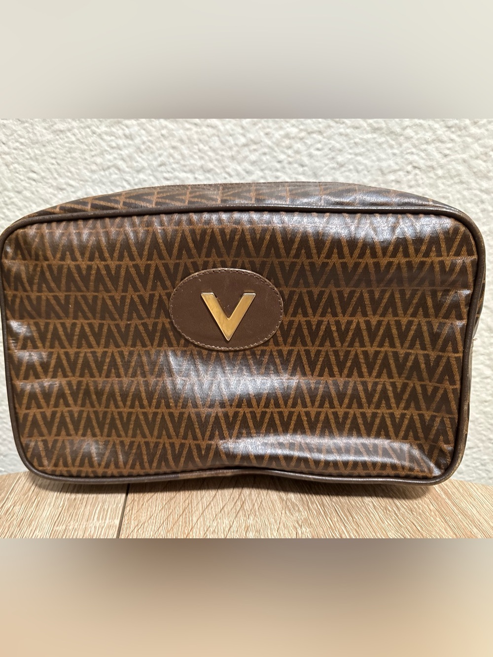 Vintage Mario Valentino Brown Monogram Toiletry Kit with Gold V Emblem